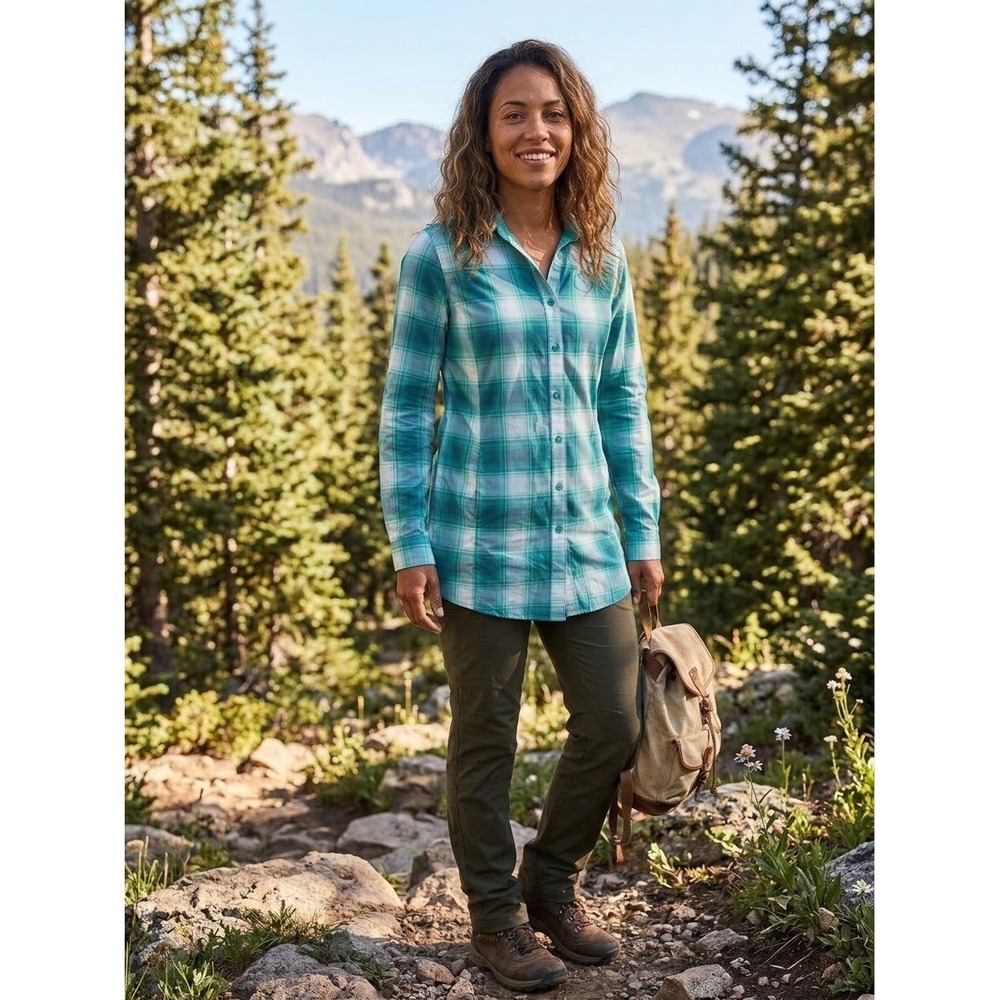 Duluth Trading Co Armachillo Cooling Plaid Shirt Teal White Women L Long Sleeve